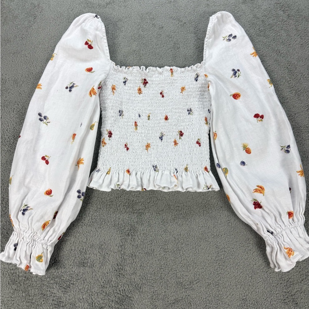 Reformation Tangerine Top 100% Linen Smocked Floral Print in White - Picture 2 of 8